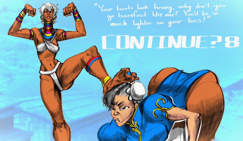 2girls art_edit asian battle big_ass big_butt big_thighs black_hair brown_skin cappeseller china china_dress chinese chinese_clothes chun-li collab collaboration colorized colorized_edit dark-skinned_female dark_skin defeated defeated_heroine doweljump edited_art elena_(street_fighter) feet female female_only foot_fetish foot_focus huge_ass kenya kenyan kimono loincloth on_knees painted_toenails princess stepped_on stepping_on_female stepping_on_head street_fighter street_fighter_iii taller_female taller_girl taller_woman thick_ass thick_thighs thighs tribal tribal_clothing tribal_costume tribal_jewelry tribal_necklace tribal_outfit white_hair