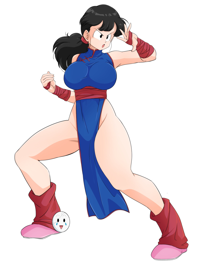 black_eyes black_hair busty caisama chichi clothing dragon_ball large_breasts open_mouth thick_thighs