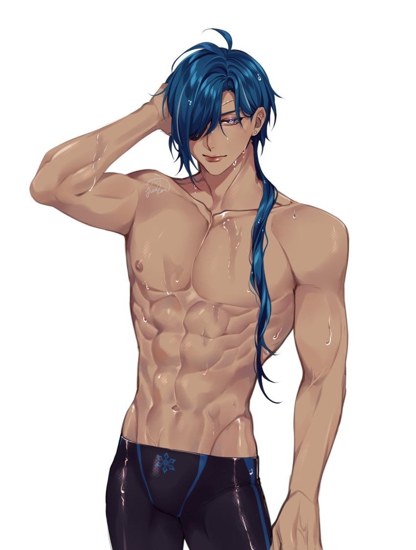 abs belly_button big_breasts blue_hair breasts dark-skinned_male dark_skin eight_pack eye_patch fit fit_male genshin_impact kaeya_(genshin_impact) male_only man_boobs manly muscles muscular muscular_male rourouki shoulders tanned tanned_male tanned_skin tight_shorts toned toned_body toned_male wet wet_skin