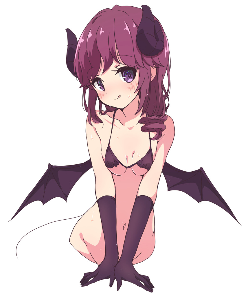 :q bangs bare_shoulders bikini blush breasts collarbone curled_horns demon demon_girl demon_horns demon_tail female gloves highres horns looking_at_viewer machikado_mazoku mel_(melty_pot) navel purple_bikini purple_eyes purple_gloves simple_background small_breasts smile swimsuit tail tongue tongue_out white_background yoshida_ryouko