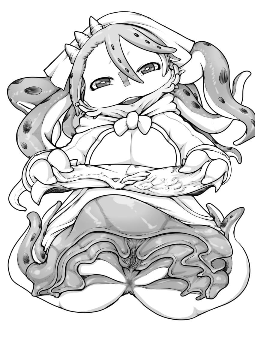 anus female female_only headscarf kumaneko looking_at_viewer made_in_abyss monochrome monster monster_girl moogie_(made_in_abyss) narehate pussy smile solo tentacle tentacle_hair uncensored vagina