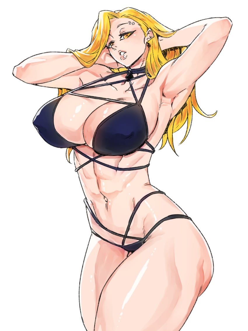 1girls armpits bikini blonde_hair built choker cowboy_shot earrings female_only hair_lift large_breasts lips long_hair minew original_character pale-skinned_female pale_skin queen_of_spades solo_female thick_thighs white_background yellow_eyes