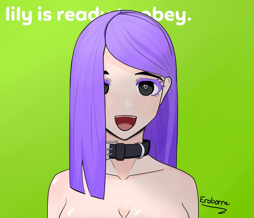 artist_signature cleavage collar collar_only collarbone duolingo emo emo_girl eroborne female heart-shaped_pupils light_skin lily_(duolingo) looking_at_viewer nude obey obeying open_mouth pale purple_hair solo