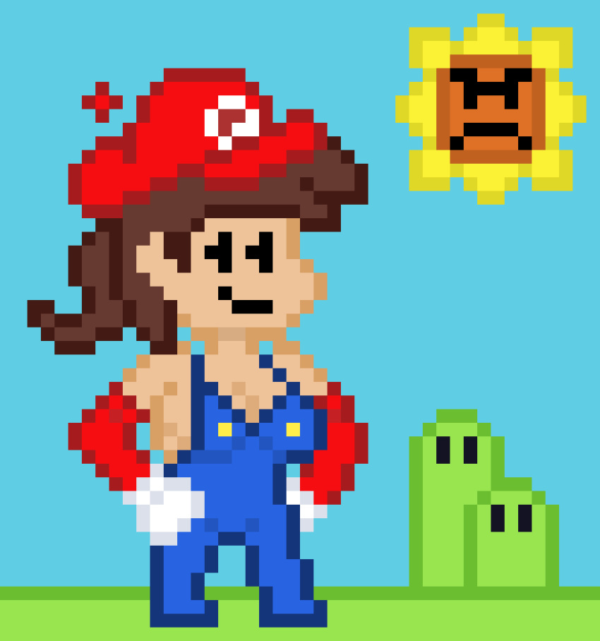 -the_lewder_turner 1girls angry_sun breasts brown_hair cleavage elbow_sleeves gloves hat long_hair maria_(picknpull) mario mario_(series) overalls picknpull pixel_art ponytail red_elbow_sleeves red_hat rule_63 sideboob super_mario_bros. thelewderturner white_gloves