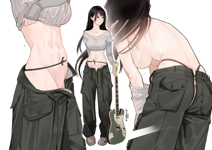 back back_view backboob backless_outfit belly belly_button big_breasts black_hair breasts curvy dark_hair fit fit_female guitar guitar_little_sister_(hitomi_o) guitarist hitomi_o jeans large_breasts long_pants midriff musician oc original_character tagme thick tummy underboob wardrobe_error