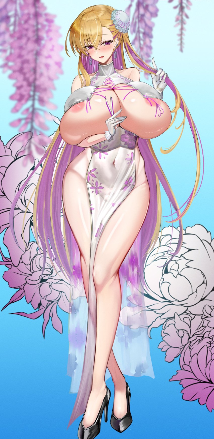 1girls barely_contained blonde_hair blush boryeon_(last_origin) breasts china_dress chinese_clothes ear_piercing female gyaru heels hips huge_breasts kaoru1307 last_origin light-skinned_female light_skin long_hair long_legs looking_at_viewer purple_eyes purple_hair revealing_clothes slim_waist smile thick_thighs thighs two_tone_hair underboob very_long_hair white_clothing wide_hips