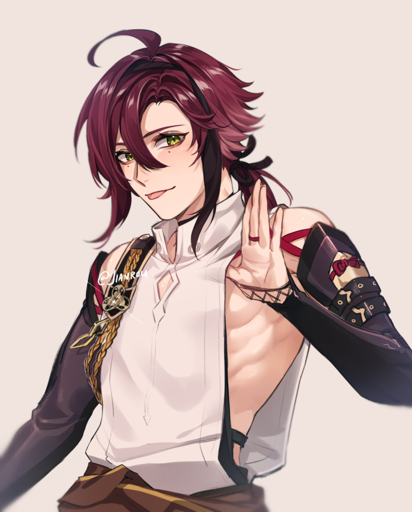 beauty_mark bishonen body_markings feminine_male fit genshin_impact male_only markings red_hair rourouki shikanoin_heizou shirt_pull toned tongue tongue_out twink wine_colored_hair