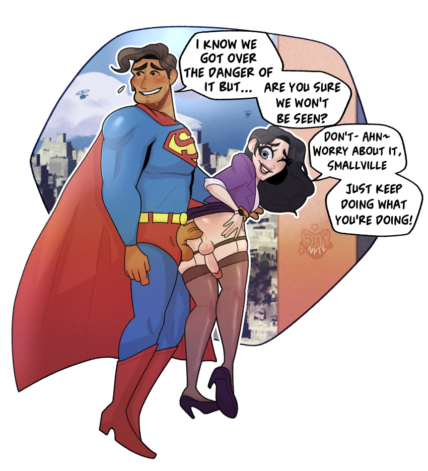 1boy 1futa 2d alternate_skin_color anal anal_sex backsack big_penis blush clark_kent clothed_sex cock-tail dark-skinned_male dark_skin dc dc_comics dialogue erection flying flying_sex from_behind futa_sans_pussy futanari human human_only intersex kryptonian latino light-skinned_futanari light_skin lois_lane male_on_futa melat0nin nervous office_lady penis png public public_sex sex speech_bubble starbryte superman superman_(series) transparent_background