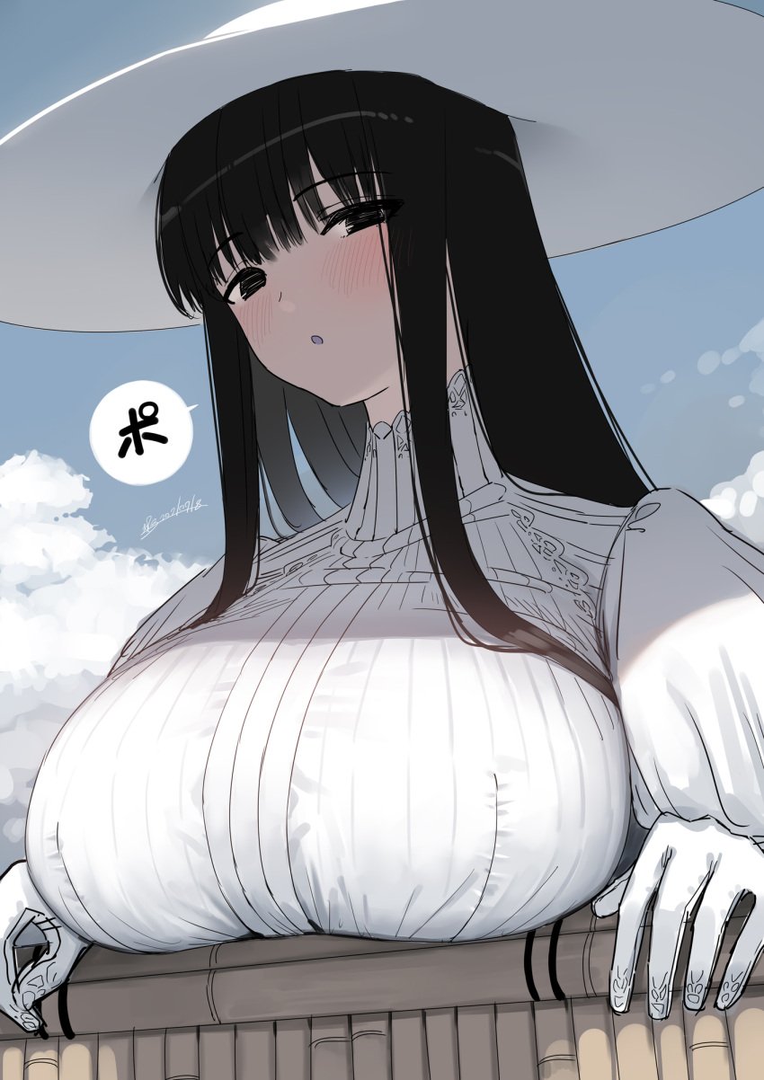 1girls 2d 2d_(artwork) 2d_artwork big_breasts black_eyes black_hair blush_lines blushing breasts breasts_bigger_than_head clothed clothing dark_eyes dark_hair dialogue_bubble fence fully_clothed hair hasshaku-sama hat huge_breasts japanese_folklore japanese_mythology kaedeko_(kaedelic) large_breasts large_hat long_hair long_neck looking_at_viewer no_nude outline skindentation speech_bubble tall tall_female taller_girl text_bubble white_clothing white_hat white_outfit