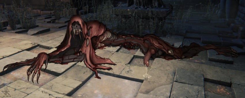 beast_(bloodborne) black_body blood blood-starved_beast bloodborne claws dark_skin eldritch_horror fangs flayed fromsoftware horror long_fingernails looking_at_viewer male male_only marukanitel monster monster_cock penis precum precum_drip sharp_claws sharp_fingernails sharp_teeth skinned solo tusks uncensored