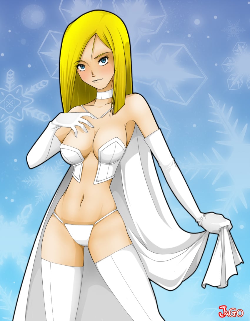 1girls anime_style blonde_female blonde_hair blue_eyes cape cleavage clothed emma_frost female female_only fully_clothed jago_dibuja marvel marvel_comics revealing_clothes skimpy_clothes snowflake snowflakes white_cape white_clothing white_queen x-men