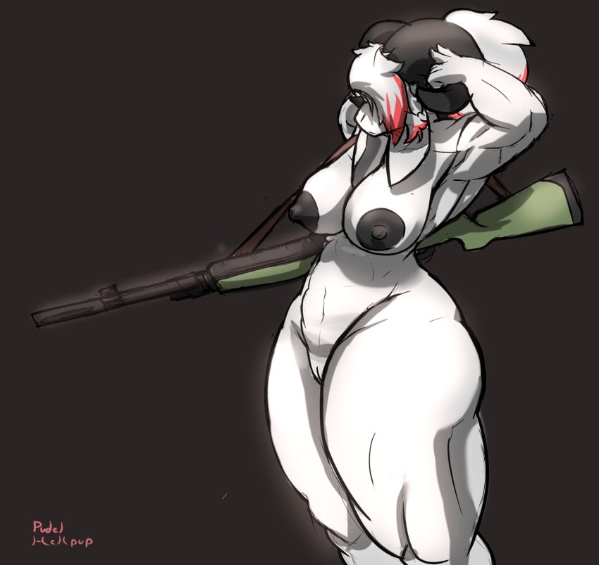 anthro armpits big_breasts big_nipples black_nipples bovid breasts caprine eyewear female fur genitals glasses hair hellpup_(artist) hi_res holding_object holding_weapon horn magnolia_leclerc_(hellpup) male mammal muscular muscular_anthro muscular_female nipples nude pussy ranged_weapon sheep simple_background solo thick_thighs weapon white_body white_fur