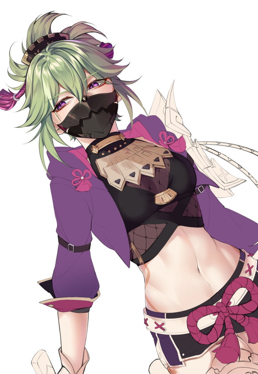 belly belly_button genshin_impact green_hair kuki_shinobu mask ninja ninja_mask rourouki thick tied_hair tummy wip