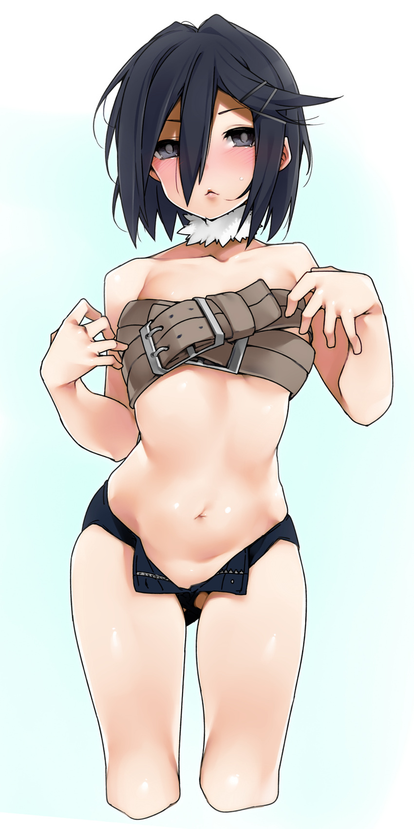 asagi_asagiri barely_clothed belt belt_bra disgaea kochiya_(gothope) makai_wars nippon_ichi_software short_shorts skimpy_clothes unzipped_shorts