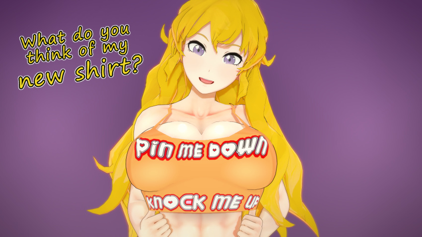 1girls 3d big_breasts blonde_hair breasts busty cleavage clothes_writing combatwombat english_text front_view fuck-me_shirt fuck_me_(text) highres huge_breasts impregnation_request instructional_clothing knock_me_up_shirt koikatsu_(medium) large_breasts long_hair looking_at_viewer midriff open_mouth pin-me-down_shirt purple_eyes question_mark rwby seductive smile solo tank_top teasing text upper_body yang_xiao_long