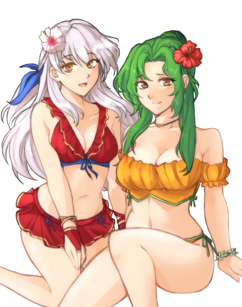 2girls :d absurdres alternate_costume bangs bare_shoulders beach bikini bikini_skirt blue_sky blush breasts brown_eyes cleavage collarbone elincia_ridell_crimea elincia_ridell_crimea_(summer) female female_only fingerless_gloves fire_emblem fire_emblem:_path_of_radiance fire_emblem:_radiant_dawn fire_emblem_heroes flower gloves green_hair grey_hair hair_flower hair_ornament hair_ribbon hibiscus highres large_breasts long_hair looking_at_viewer medium_breasts micaiah_(fire_emblem) micaiah_(summer)_(fire_emblem) miniskirt multiple_girls navel nintendo ocean official_alternate_costume open_mouth orange_bikini orange_swimsuit red_bikini red_gloves red_swimsuit ribbon sand side-tie_bikini sitting skirt sky smile swimsuit tridisart white_background wristband yellow_eyes