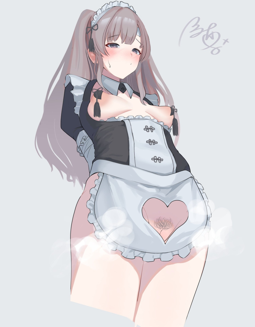 1girls blush breasts embarrassed exposed_pussy female female_only heart_shaped_hole maid maid_apron maid_headdress maid_outfit maid_uniform medium_breasts nipples pussy pussy_cutout solo thick thick_thighs thighs turmixane_(fukuchan4eyes)