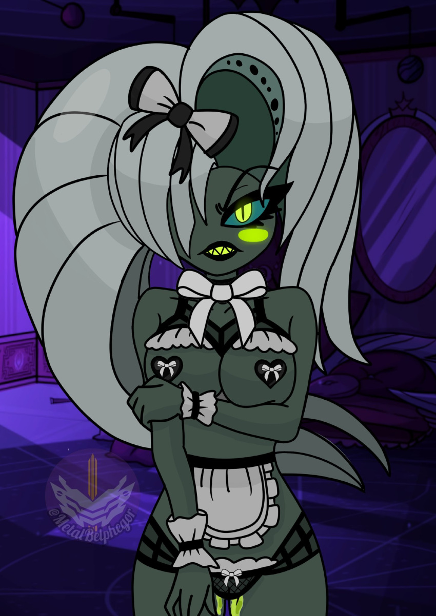 blush clothed clothing demon detailed_background fangs female genitals glowing glowing_eyes green_eyes grey_body grey_hair hair hazbin_hotel helsa_von_eldritch hi_res humanoid looking_at_viewer maid_uniform metalbelphegor open_mouth partially_clothed pussy solo straight_hair uniform