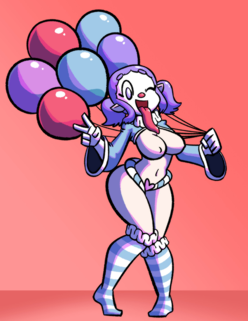 balloon balloons carla_(da_doll) clown clown_girl clussy curvy_female curvy_figure da_doll female female_focus female_only half-dressed holding holding_object long_sleeves long_tongue nipples one_eye_closed open_mouth peace_sign pointy_ears purple_eyes purple_hair red_nose solo solo_female solo_focus stockings succubus tagme thick_thighs thighs tongue tongue_out twintails wink winking_at_viewer yopy