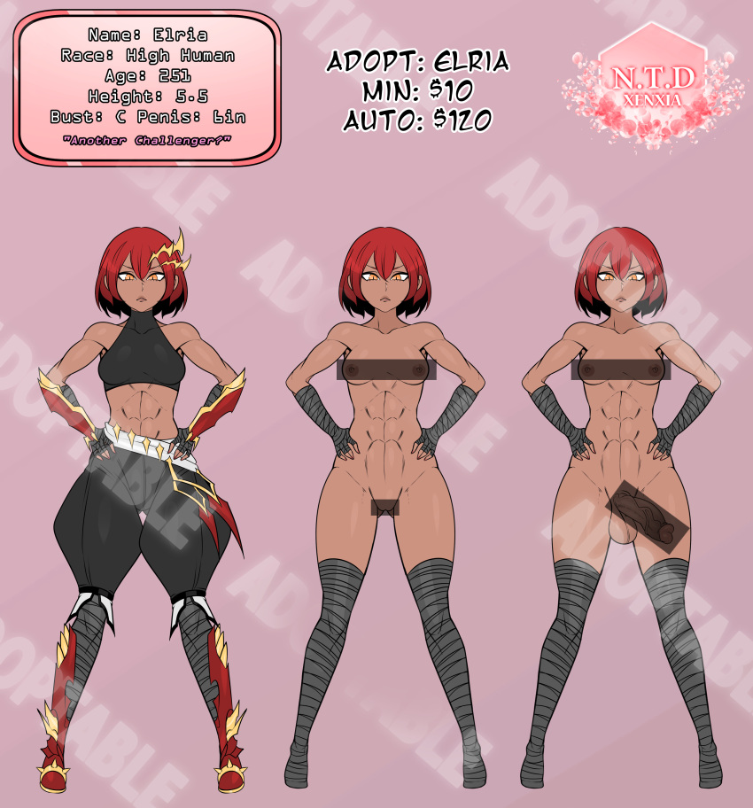 1futa 1girls abs adoptable areolae atelier_sol_aer breasts c-cup_breasts censored censored_breasts clothed clothing cup_size dark-skinned_female dark-skinned_futanari dark_skin female fully_clothed futanari gold_eyes human muscular muscular_futanari nipples nude orange_eyes penis red_hair self_upload standing wide_stance xenxia ych