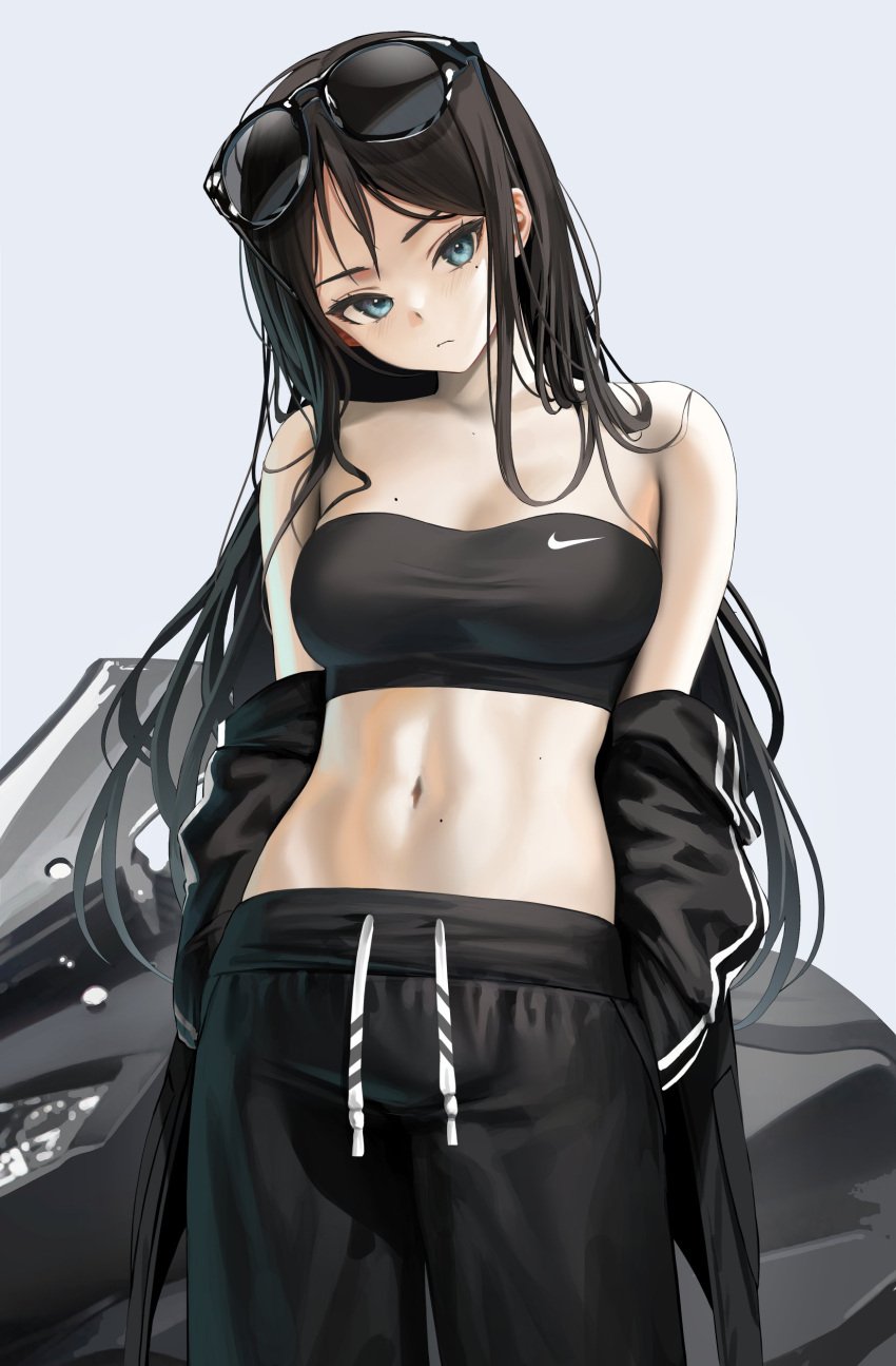 big_breasts black_hair blue_eyes breasts female long_hair midriff navel nike sports_bra streetwear sunglasses sunglasses_on_head tagme tokkihouse yoga_pants