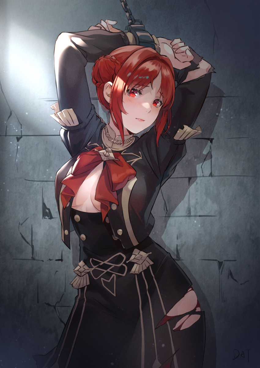 1girls arms_up bangs black_skirt bondage bondage bound bow bowtie breasts chains cleavage cowboy_shot cuffs da-cart female female female_only femsub fire_emblem fire_emblem:_three_houses garreg_mach_monastery_uniform high-waist_skirt highres indoors jacket juliet_sleeves long_sleeves looking_at_viewer medium_breasts monica_von_ochs nintendo no_bra open_clothes open_jacket puffy_sleeves red_bow red_bowtie red_eyes red_hair shackles short_hair skirt skirt_set solo standing torn_clothes torn_jacket torn_skirt