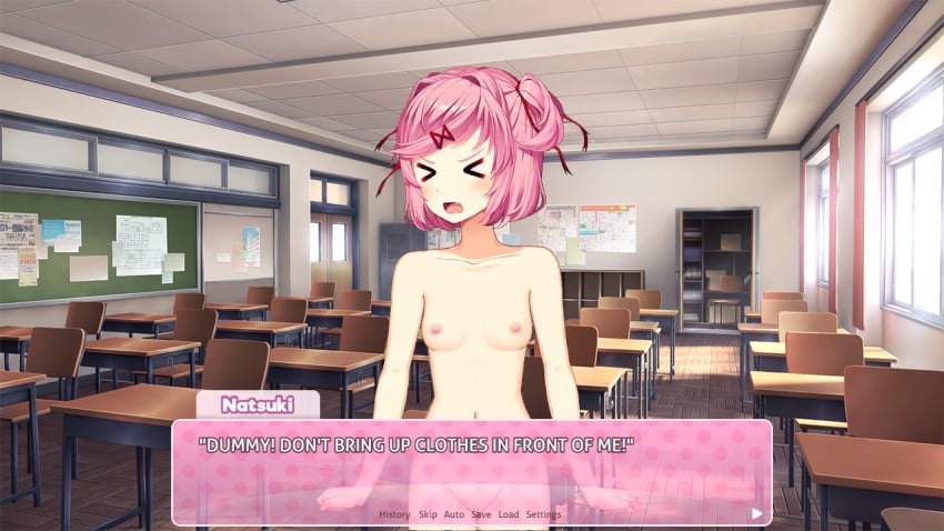 1girls casual classroom classroom_nudity dialogue_box dmx18_artist doki_doki_literature_club english_text female female_only human naked natsuki_(doki_doki_literature_club) no_clothes not_wearing_clothes nude nudist oerba_yun_fang open_mouth pale_skin panel pink_eyes pink_hair pink_text_box public solo sprite text text_box weird_eyes