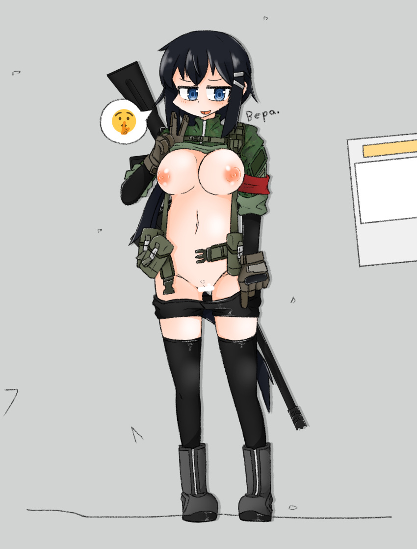 1girls bar_censor bepa black_hair black_leggings black_legwear black_stockings blue_eyes censored female female_only footwear gloves grin gun hair_ornament k-chronos leggings legwear military military_uniform peace_sign pussy short_hair shotgun stockings tactical_gear tactical_gloves