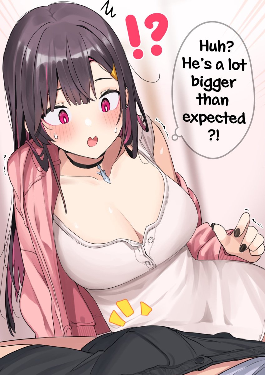 !? 1boy 1girls bangs bare_shoulders black-haired_girl_(motto_notto) black_hair black_shorts blunt_bangs blush breasts bulge bulge_awe bulge_through_clothing cardigan choker cleavage dress english_text erection erection_under_clothes female highres large_breasts light-skinned_female light-skinned_male light_skin long-haired_girl_(motto_notto) long_sleeves lying motto_notto multicolored_hair nail_polish off_shoulder on_back open_cardigan open_clothes open_mouth original pants penis_awe pink_cardigan pink_hair shocked shorts speech_bubble surprised sweatdrop trembling two-tone_hair wavy_mouth white_dress wide-eyed