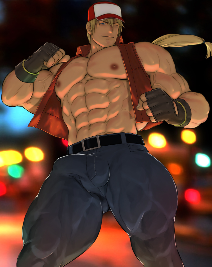 balls bara baseball_cap big_balls big_penis blonde_hair boner erection erection_under_clothes fatal_fury fingerless_gloves gay hydaria jeans king_of_fighters male male_only muscles muscular penis sleeveless_jacket snk solo solo_male terry_bogard