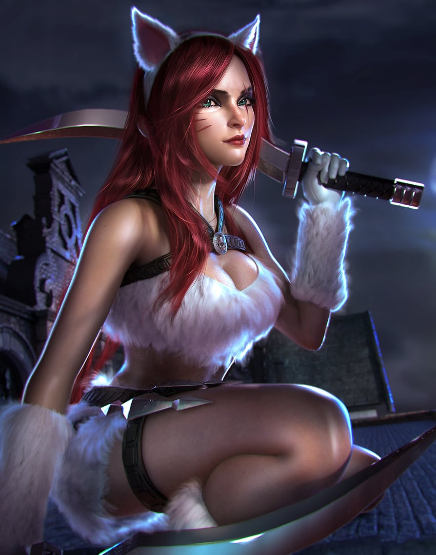 1girls big_breasts cat_ears cat_tail catgirl clothed clothing dagger fur katarina_du_couteau kitty_cat_katarina league_of_legends red_hair sevenbees solo solo_female solo_focus tales_from_the_rift_series thighs