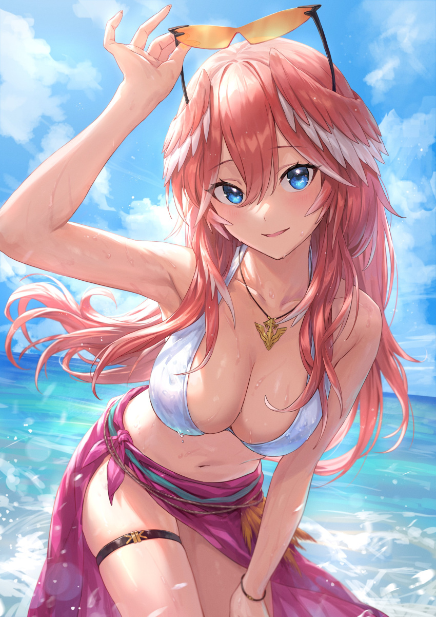 1girls armpit big_breasts blue_eyes breasts female female_only guchico_(guchico77) holding_object hololive hololive_japan holox light-skinned_female light_skin looking_at_viewer necklace red_hair solo sunglasses sunglasses_on_head tagme takane_lui two_tone_hair virtual_youtuber wet wet_clothes white_hair