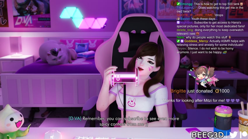 1girls 3d alternate_costume asian asmr asmr_microphone beeg3d blizzard_entertainment brown_hair camgirl cute d.va discko_d.va double_v female female_only fringe korean licking light-skinned_female looking_at_viewer oral oral_insinuation overwatch petite solo solo_female streaming tongue tongue_out twintails twitch