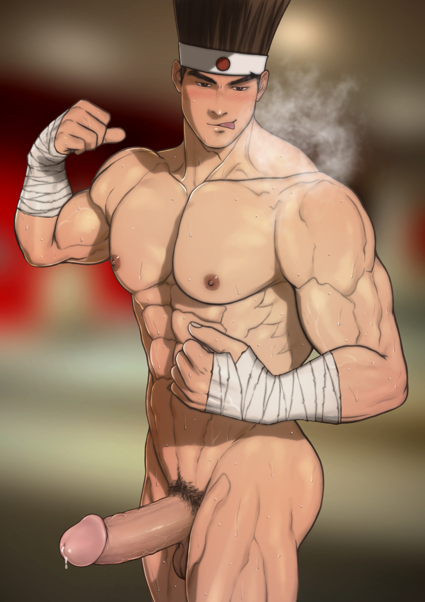 balls bandages bara big_balls big_penis boner erection fatal_fury gay headband hydaria joe_higashi king_of_fighters male male_only muscles muscular penis snk solo solo_male steamy_breath sweaty