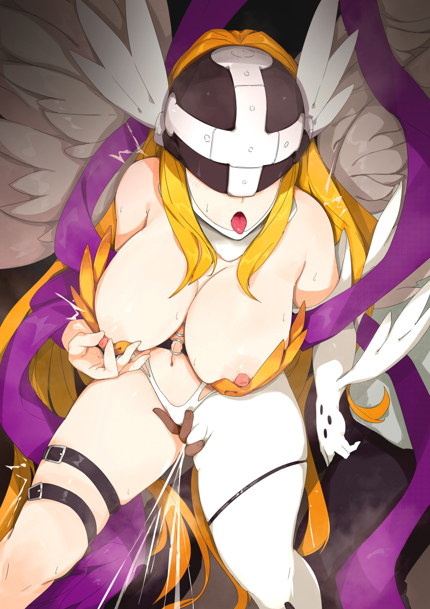 angewomon digimon fingering large_breasts masturbating masturbation_through_clothing ryunens through_clothes wet wet_pussy