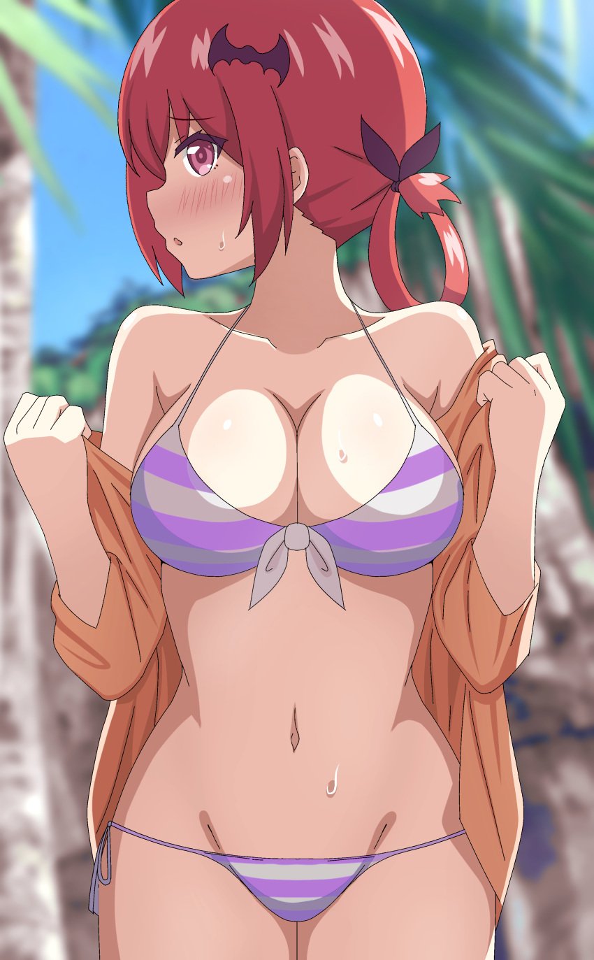 absurdres bat_hair_ornament bikini blush breasts cleavage collarbone commentary day female gabriel_dropout hair_ornament hair_ribbon halterneck highres kurumizawa_satanichia_mcdowell large_breasts looking_at_viewer navel onidere open_mouth outdoors poa_mellhen purple_eyes red_eyes red_hair ribbon satanichia_kurumizawa_mcdowell shiny shiny_hair side-tie_bikini solo stomach string_bikini striped striped_bikini sweat swimsuit