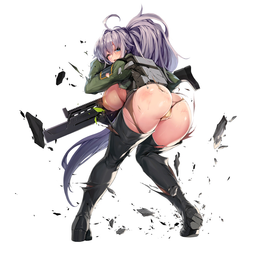 1girls ahoge ass assault_rifle bent_over blue_eyes boots breasts brown_legwear chest_strap defeat explosive female full_body game_cg gloves grenade gun highres huge_breasts last_origin leotard light-skinned_female light_skin long_hair looking_at_viewer looking_back official_art one_eye_closed pantyhose ponytail purple_hair rifle snowball22 solo t-20s_gnome tachi-e thigh_boots thighhighs torn_clothes torn_legwear transparent_background weapon yellow_leotard