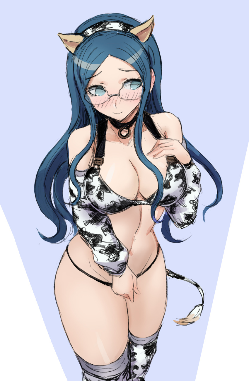 bikini bikini_bottom bikini_top blush breasts cow_bikini cow_ears cow_print danganronpa danganronpa_v3 embarrassed female_only large_breasts qosic shirogane_tsumugi straight_hair