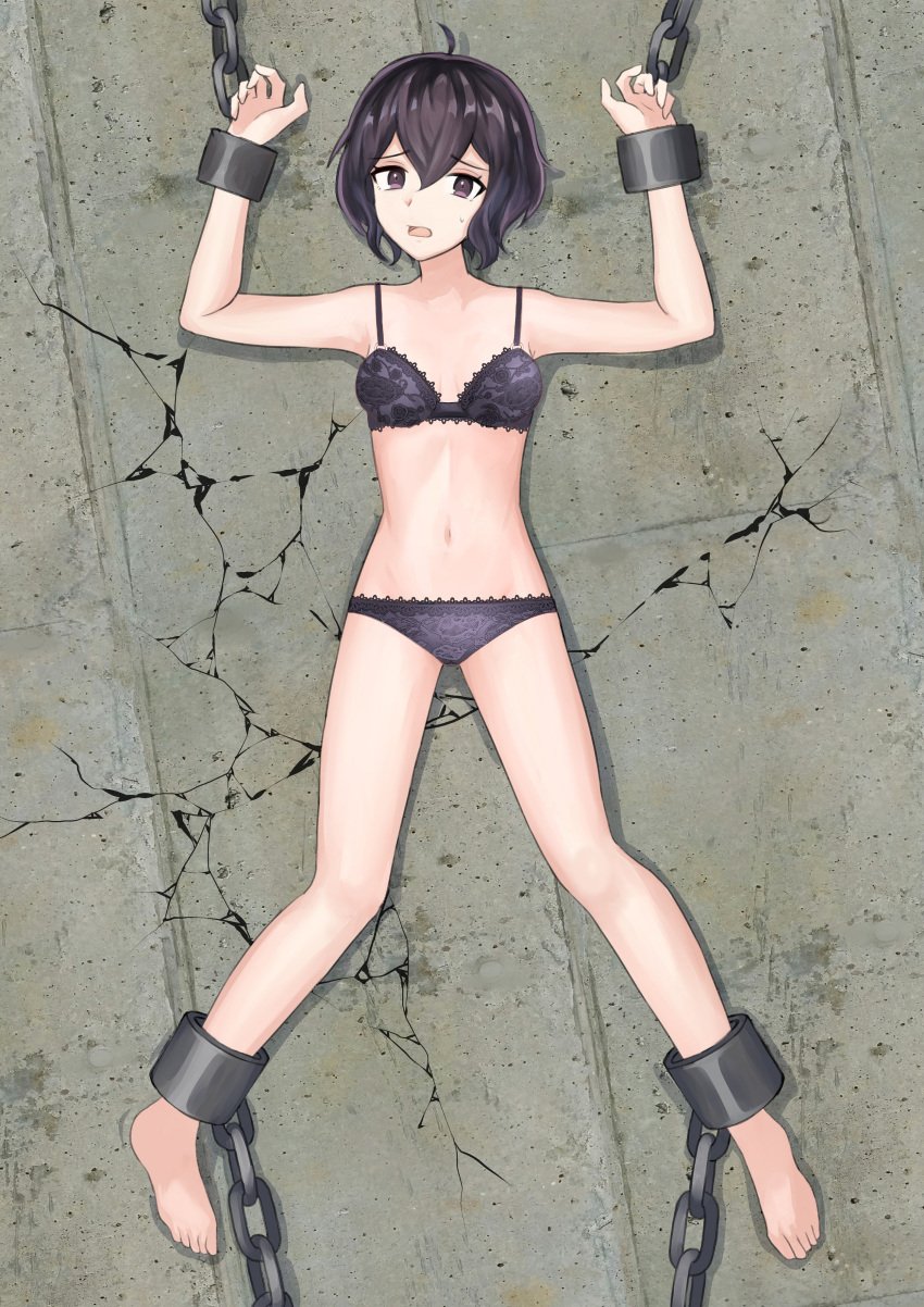 1girls ahoge alternate_version_available bare_legs bare_midriff bare_shoulders bare_thighs barefoot bdsm black_bra black_hair black_panties bondage bra breasts chains collarbone dogansa female female_only femsub fire_emblem fire_emblem_awakening kaerukeroro1 legs looking_at_viewer midriff morgan_(fire_emblem) morgan_(fire_emblem)_(female) nintendo on_back open_mouth panties purple_eyes shackles short_hair shoulders small_breasts solo sweatdrop thighs underwear