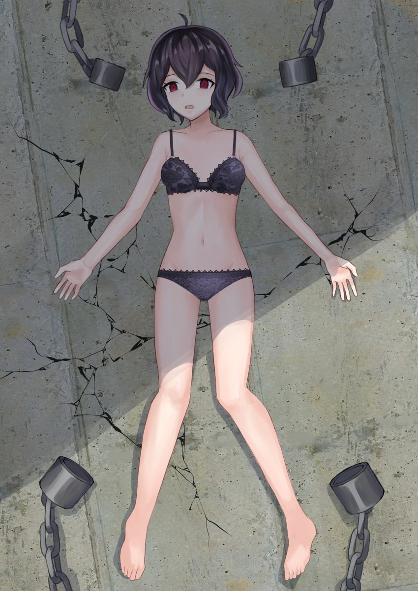 1girls ahoge alternate_version_available bare_legs bare_midriff bare_shoulders bare_thighs barefoot bdsm black_bra black_hair black_panties bondage bra breasts chains collarbone corruption dogansa expressionless female female_only femsub fire_emblem fire_emblem_awakening grima_(fire_emblem) kaerukeroro1 legs looking_at_viewer midriff mind_control morgan_(fire_emblem) morgan_(fire_emblem)_(female) nintendo on_back open_mouth panties red_eyes shackles shadow short_hair shoulders small_breasts solo thighs underwear