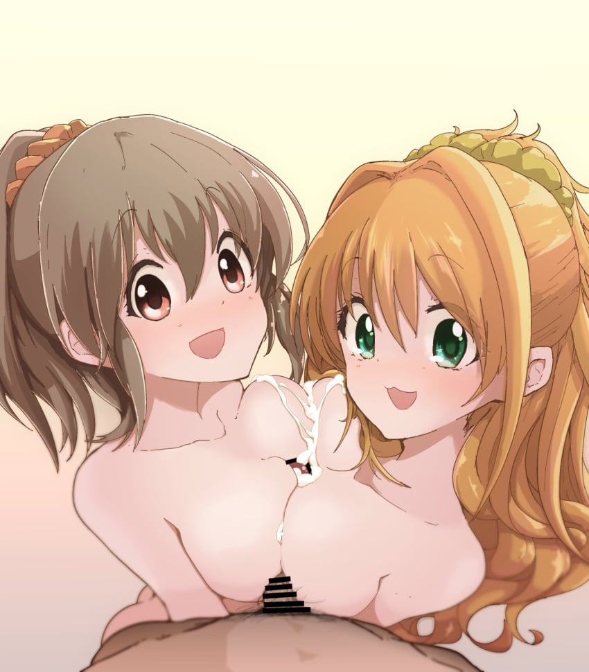 1boy 2girls :3 bar_censor big_breasts censor_bar censored cooperative_paizuri cum_on_body cum_on_breasts dark-skinned_male dark_skin double_paizuri eyebrows_visible_through_hair ffm_threesome hino_akane hino_akane_(idolmaster) hori_yuuko idolmaster idolmaster_cinderella_girls interracial light-skinned_female light_skin looking_at_viewer owerk paizuri pov pov_eye_contact smile threesome