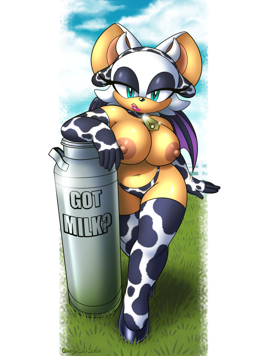 1girls anthro areola areolae big_ass big_breasts bikini_bottom bikini_bottom_only bikini_top_removed completely_naked completely_nude completely_nude_female cow_bikini cow_ears cow_print female female_only got_milk milk naked nipples nude nude_female omegasunburst rouge_the_bat seductive sega sonic_(series) thighhighs