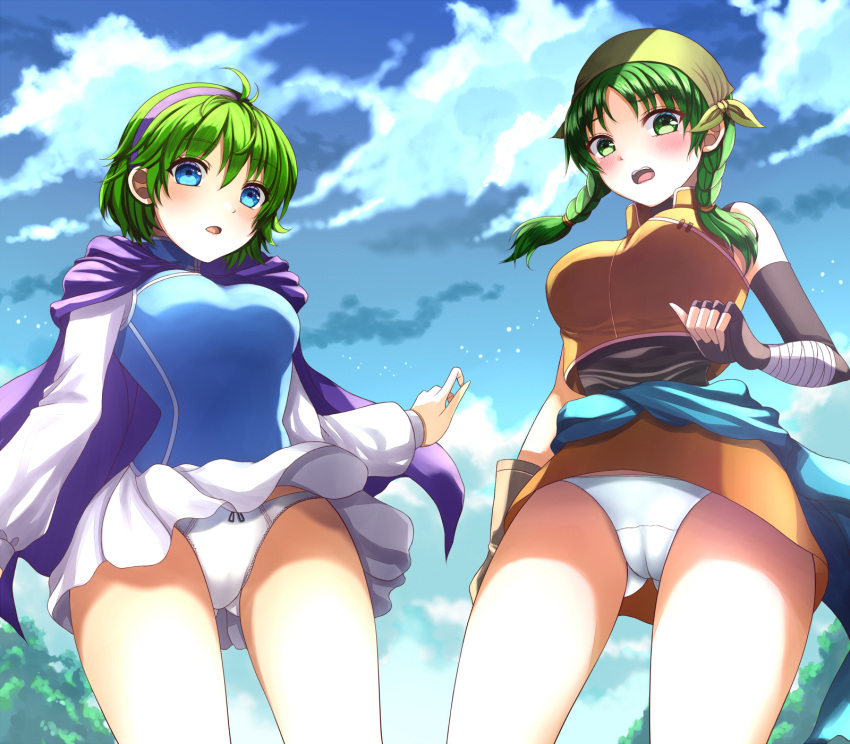 2girls ass ass_visible_through_thighs bandana big_ass blue_eyes bow_panties braid breasts cameltoe cape dress female female_only fire_emblem fire_emblem:_the_blazing_blade from_below green_eyes green_hair hairband highres long_sleeves looking_at_viewer looking_down medium_breasts medium_hair multiple_girls nino_(fire_emblem) nintendo panties panty_trim pantyshot purple_hairband rebecca_(fire_emblem) short_hair skirt twin_braids underwear upskirt white_panties white_skirt yozu_(yozu0420)