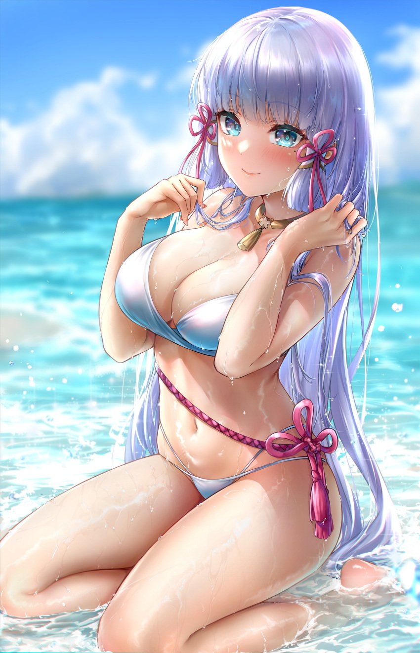 beach bikini blue_eyes blush breasts busty cleavage curvy curvy_female feet female female_only genshin_impact hi_res kamisato_ayaka large_breasts long_hair looking_at_viewer mihoyo mole mole_under_eye on_knees rei_kun seductive smile swimwear thighs water wet wet_body wet_skin white_bikini white_hair