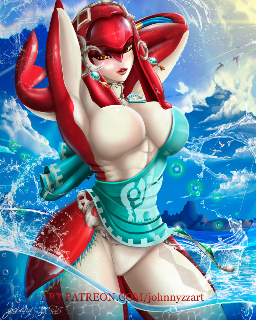 1girls big_breasts birds breath_of_the_wild ear_ring female_zora johnnyzzart looking_at_viewer mipha solo solo_female sunny swimsuit swimwear the_legend_of_zelda the_legend_of_zelda:_breath_of_the_wild water zora