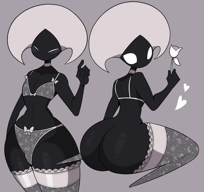 blush bottomless bulge_through_clothing hollow_knight idolomantises insectoid lace-trimmed_bra lace-trimmed_panties lace-trimmed_thighhighs lace_(hollow_knight) lingerie mothmilfs no_mouth no_panties no_pupils pear_shaped pear_shaped_female rose_(flower) silksong solo tagme thighhighs