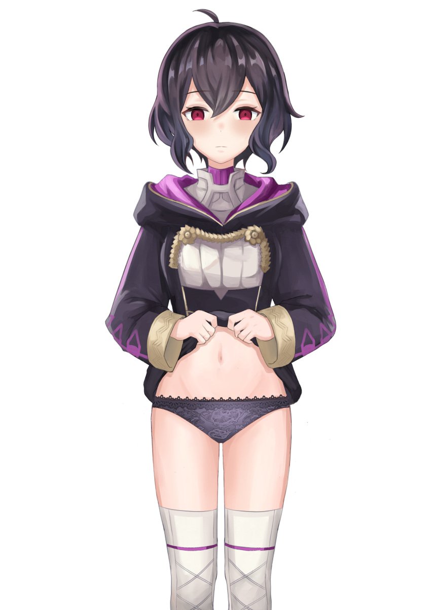 1girls ahoge alternate_version_available bare_midriff bare_thighs black_hair black_panties breasts clothed clothes_lift corruption dogansa dress empty_eyes expressionless female female_only femsub fire_emblem fire_emblem_awakening flashing grima_(fire_emblem) kaerukeroro1 lifted_by_self long_sleeves looking_at_viewer midriff mind_control morgan_(fire_emblem) morgan_(fire_emblem)_(female) nintendo panties presenting red_eyes short_hair small_breasts solo thighhighs thighs underwear upskirt white_background