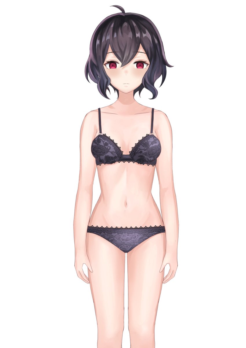 1girls ahoge alternate_version_available bare_legs bare_midriff bare_shoulders bare_thighs black_bra black_hair black_panties bra breasts collarbone dogansa empty_eyes expressionless female female_only femsub fire_emblem fire_emblem_awakening grima_(fire_emblem) kaerukeroro1 legs looking_at_viewer midriff morgan_(fire_emblem) morgan_(fire_emblem)_(female) nintendo panties red_eyes short_hair shoulders small_breasts solo thighs underwear white_background