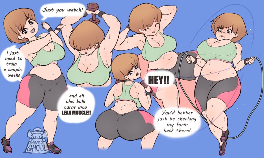 1girls ass belly big_ass big_breasts brown_eyes brown_hair chubby chubby_female cleavage dumbbell exercise gym_uniform jump_rope looking_back persona persona_4 satonaka_chie shorts shriveledghoul sneakers sports_bra sportswear squatting sweat text thick thick_ass thick_thighs