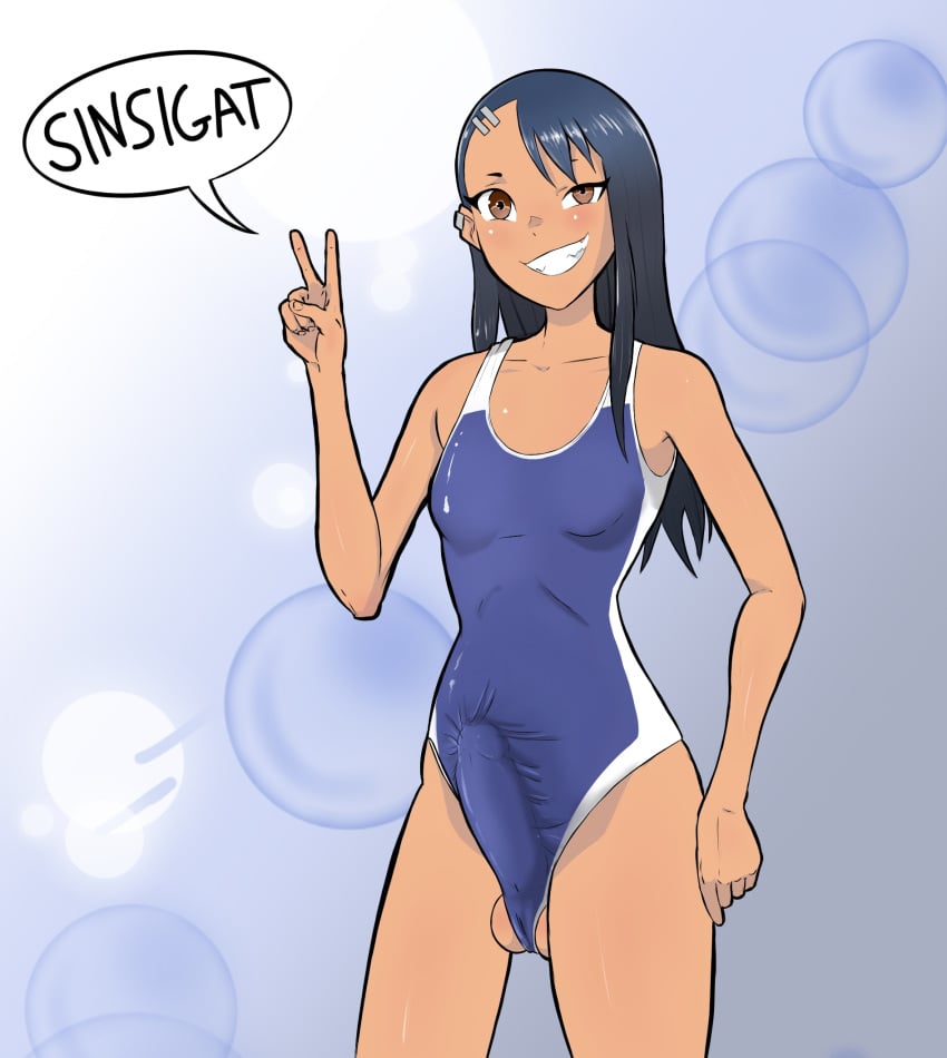 1futa balls balls_out black_hair breasts bulge clothed clothing erect_nipples_under_clothes erection futa_only futanari hayase_nagatoro human long_hair mostly_clothed one-piece_swimsuit peace_sign penis please_don't_bully_me,_nagatoro sinsigat smile solo solo_futa standing swimsuit tan tanned tanned_skin v v_sign